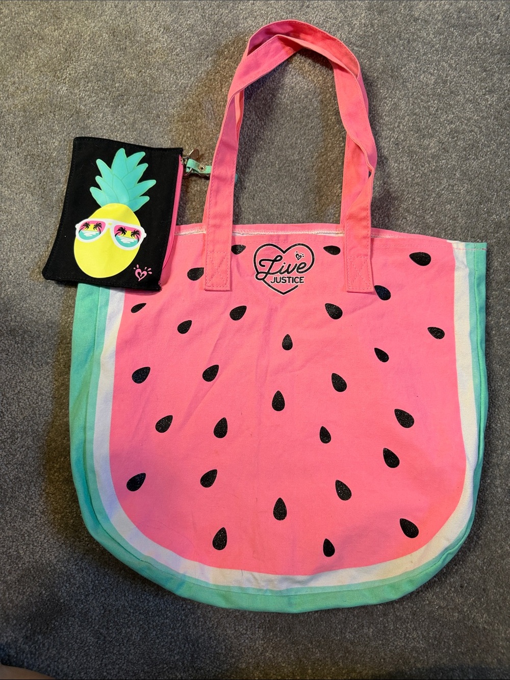 Justice Kids Pink Watermelon Tote with Mint Trim and Pineapple Pouch